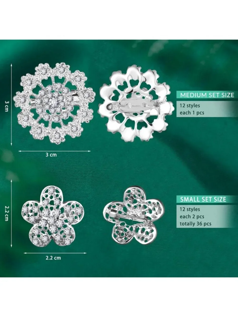 36 Clear Rhinestone Brooches - Crystal Flower Pins for Crafts & DIY Wedding